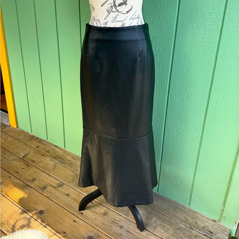 STAUD faux black leather midi skirt size 8.